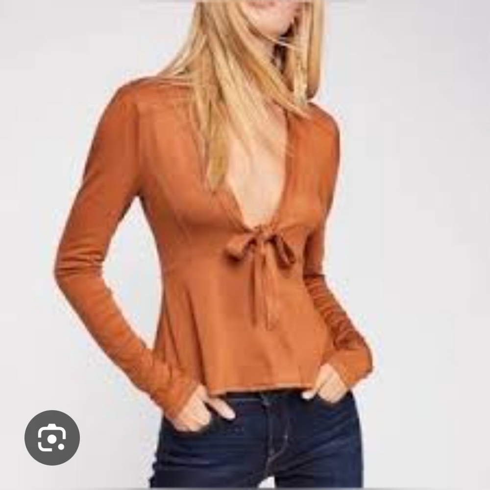 Free People V Neck Front Tie Top Rust Long Sleeve Size Small